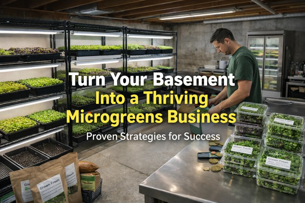 Turn Your Basement Into a Thriving Microgreens Business: Proven Strategies for Success Leave a Comment / Microgreens Side Hustle / By Jake Lawson Starting a basement microgreens business is a great way to tap into the growing demand for fresh, nutritious, and sustainable produce, with the potential to earn anywhere from $3,000 to $20,000 per month. With minimal upfront investment and space requirements, you can transform your basement into a thriving farm that supplies local restaurants, chefs, and health-conscious consumers. Microgreens, known for their vibrant flavors, fast growth, and high nutritional value, are a profitable crop that can be harvested in just 7 to 21 days. This step-by-step guide will take you through everything you need to know about setting up your basement farm, from selecting the right growing medium to marketing your product. Whether you are seeking a side hustle or a full-time business, microgreens offer tremendous potential for success. Why Start a Basement Microgreens Business? In recent years, microgreens have gained significant traction in the culinary world due to their vibrant flavors, nutritional value, and versatility in dishes. Restaurants are increasingly relying on these tiny greens to add texture, color, and taste to their menus. With such high demand for fresh, high-quality microgreens, starting a business growing them in your basement presents a unique opportunity to tap into this profitable market. Microgreens are an attractive option for entrepreneurs because they offer a low barrier to entry. Unlike traditional farming, which requires large plots of land, equipment, and significant startup costs, microgreens can be grown in compact spaces, such as your basement. This makes it a great business for those who want to get started with minimal investment. Additionally, microgreens grow quickly, allowing for frequent harvests and a fast turnaround on profits. A business running in a small space—such as a basement—can be quite scalable. Micro Acres, for example, began with a small operation in a basement and generated about $10,000 per month in revenue. With consistent hard work and smart scaling strategies, this business expanded to $20,000 per month. This success shows the potential for growth and profitability when starting small and using effective techniques. Setting Up Your Basement: The Essential Space Requirements Transforming your basement into a thriving microgreens business doesn’t require a lot of space. Even a modest 100 to 200 square feet can provide ample room for growing a variety of microgreens. The key to success lies in how you utilize the space, ensuring you have the proper systems in place for airflow, lighting, and temperature control. The first step is to assess the conditions in your basement. Is it dry or prone to humidity? Do you need additional lighting, or can you rely on natural light? Once you understand the space, you can set up your growing area. You’ll need shelving racks to hold your trays of microgreens, as well as plenty of space to move around while planting and harvesting. Lighting is one of the most important elements to consider. Microgreens need a good light source to thrive. Fluorescent lights are a popular and affordable choice. They are an excellent option for a basement setup because they don’t require the same power usage as grow lights, yet they provide enough intensity for proper growth. With a well-lit area, you’ll be able to grow your crops consistently throughout the year, regardless of external weather conditions. Additionally, proper temperature and humidity control is essential. Microgreens thrive in moderate temperatures (around 70-75°F) and high humidity. Without a humidity system in place, you risk your crops drying out, leading to poor yields. Using fans to circulate air and dehumidifiers to maintain the right moisture levels can make a big difference in maintaining optimal conditions. Choosing the Right Growing Medium and Equipment One of the first decisions you’ll make when setting up your basement microgreens business is choosing the right growing medium. While traditional soil is an option, many microgreens farmers prefer soilless growing mediums, such as Rockwool or coco coir. These materials are sterile, meaning they reduce the risk of contamination and disease, which is especially important when growing microgreens for restaurants or consumers who expect a clean, safe product. Rockwool, in particular, is favored by many because it retains moisture effectively while providing good drainage. This balance helps microgreens grow faster without becoming waterlogged. The fact that Rockwool is also easy to handle and does not require washing after planting makes it ideal for busy operations. In addition, the ability to grow microgreens in containers, rather than in traditional soil, means less mess and easier cleanup. As for equipment, you’ll need to invest in a few basic items to get started. Growing trays (usually 2-inch deep) are essential for holding your medium and seeds. You’ll also need a temperature-controlled mat for germinating your seeds, as well as spray bottles for watering. While some farmers choose to automate their watering systems, starting with manual misting is often sufficient for a small-scale operation. While large-scale farms might invest in advanced irrigation or automated systems, simplicity and efficiency should be the focus in the early stages. Hand watering with a spray bottle ensures the right amount of moisture is applied and allows you to monitor each tray individually for signs of health or stress. Selecting the Best Microgreens to Grow When it comes to growing microgreens, the right selection of varieties will significantly impact your business’s success. Some microgreens are easier to grow and have a faster turnover, which is ideal for meeting the demand from restaurants and customers. Others are valued for their unique flavors, colors, and textures, making them a preferred choice for gourmet chefs and health-conscious consumers. Popular microgreens that perform well in a basement setup include radishes, peas, sunflowers, and amaranth. Radishes are particularly quick growers, with some varieties ready for harvest in just 7–10 days. Pea shoots, another common choice, typically grow in about 10 days and are valued for their fresh, crunchy texture and mild flavor. More specialized microgreens like shiso, red vein sorrel, and black mint can differentiate your business by offering unique flavors. Red vein sorrel has a tangy, lemony flavor, while shiso provides a peppery, aromatic taste. These types of microgreens are highly prized by chefs who want to elevate their dishes with fresh, high-quality garnishes. It’s also important to think about the market demand. While chefs and restaurants may be after unique flavors and textures, home consumers may gravitate toward more familiar greens like kale or sunflower shoots. Having a diverse range of microgreens allows you to cater to both groups, ensuring a broader customer base and increasing your chances of success. Planting and Growing Process: From Seed to Harvest Starting a basement microgreens business means understanding the growing process from start to finish. Sowing seeds densely on your growing medium is the first step. You want to ensure that the seeds are spread evenly, allowing for maximum coverage and optimal growing conditions. Don’t bury the seeds too deeply; instead, gently press them into the surface of the medium, ensuring good seed-to-soil contact. After planting, place the trays under a covering dome or in a dark area to help the seeds sprout. For about 3–4 days, the seeds need to remain in a moist, warm environment, which encourages strong germination. Once the seeds begin to sprout, usually within 5–7 days, remove the dome, and place the trays under fluorescent lights for continued growth. At this stage, the microgreens will require light but not direct sunlight. As they begin to grow, it’s important to water regularly to keep the medium moist but not soggy. Microgreens typically take 7–14 days to reach the true leaf stage—when the first set of leaves develops, signaling that they’re ready to harvest. For some varieties, such as radishes, you may see results in as little as 7 days. Others, like shiso, may take longer to reach full maturity. Harvesting microgreens is relatively simple: once the leaves are fully developed, you can cut them just above the soil line. Freshness is key, so it’s crucial to harvest only as much as needed and get your product to market quickly. Many operations use biodegradable containers to package their microgreens, ensuring they remain fresh and are environmentally friendly. 🌿 Recommended Microgreens Supplies These are the tools and supplies I personally recommend for growing healthy and flavorful microgreens at home. 💡 Best Grow Lights 🌾 Best Growing Seeds 🪴 Best Grow Medium 🧵 Best Grow Mats 🧺 Best Growing Trays 🌿 Best Growing Stand 🌱 Best Microgreens Kit As an Amazon Associate, I earn from qualifying purchases. Packaging and Storing Your Microgreens for Freshness After harvesting your microgreens, it’s crucial to focus on packaging and storing them correctly to maintain their freshness and ensure they reach customers in top condition. Microgreens are delicate, and their shelf life is shorter than that of fully grown vegetables. However, with proper handling, they can stay fresh for up to 10 days, depending on the variety. Packaging plays an essential role in maintaining freshness. It’s vital to use biodegradable or compostable containers, which not only keep the microgreens fresh but also align with eco-friendly values that many consumers and restaurants prioritize. Plastic clamshell containers are commonly used in the industry, but alternatives like corn-based containers are growing in popularity due to their environmentally friendly nature. These containers provide the perfect environment for microgreens to stay hydrated and intact. Once packaged, storing the microgreens at the right temperature is important. Typically, microgreens should be stored in a cool, dry place. The best practice is to refrigerate them, but not in conditions that are too cold, as that can stunt their freshness. A refrigerator set to around 40°F (4°C) ensures that they remain crisp and flavorful until they are ready to be used. For long-term storage, the key is to harvest only what is needed and deliver quickly to ensure maximum shelf life. Some businesses, like Micro Acres, have optimized their delivery schedules to ensure customers receive fresh product regularly, reducing the risk of spoilage. If you’re working with a subscription model, having a reliable and well-planned delivery system is essential to ensure your microgreens reach customers as fresh as possible. Storage tips: Always harvest microgreens when they reach their true leaf stage for optimal flavor. Use biodegradable packaging to preserve freshness and offer eco-friendly products. Keep refrigerated in a humidity-controlled space to extend shelf life. Avoid overpacking containers, as this can crush delicate greens. Marketing Your Basement Microgreens Business Once you’ve set up your growing operation and are producing high-quality microgreens, the next step is marketing your product. Microgreens are niche, high-value crops, and understanding how to reach your target audience—whether it’s chefs, restaurants, or home consumers—can make or break your business. Building a brand is essential to differentiating your microgreens from others on the market. Your brand should emphasize freshness, quality, and the unique value of your product. For example, if you’re growing unique varieties like red vein sorrel or shiso, make sure to highlight their flavor profiles and uses in your marketing materials. This can attract chefs looking for specialized ingredients or health-conscious customers seeking new additions to their meals. Social media is an invaluable tool for marketing your microgreens. Platforms like Instagram and Facebook allow you to showcase your growing process, share behind-the-scenes looks at your farm, and engage with customers. These platforms are perfect for creating a local community around your microgreens, especially if you are targeting restaurants or local food markets. Use visually appealing photos of your microgreens in vibrant dishes, and leverage relevant hashtags like #microgreens or #urbanfarming to reach potential customers. In addition to social media, consider building relationships with local chefs and restaurants. Many chefs are eager to support local farmers and incorporate fresh, seasonal produce into their dishes. If you can introduce chefs to the unique flavors and health benefits of your microgreens, you may be able to secure regular orders. Offering free samples or arranging tasting sessions can also help chefs experience the flavor and quality of your products firsthand, making them more likely to purchase from you. If you want to expand your customer base, consider offering subscription models where customers can receive fresh microgreens delivered to their door weekly or biweekly. This model has been successful for many small-scale businesses and helps generate recurring revenue. It’s also an excellent way to build a loyal customer base who appreciate the convenience of fresh, nutritious greens delivered directly to their home. Marketing strategies: Create a compelling brand that highlights your microgreens’ unique qualities (e.g., fresh, local, unique varieties). Use social media (Instagram, Facebook) to showcase your farm and connect with customers. Build relationships with local chefs to ensure regular restaurant orders. Consider offering subscriptions to make it easy for consumers to receive your product regularly. Scaling Your Basement Microgreens Business: Taking It to the Next Level Once you’ve established a steady income and a reliable customer base, it’s time to consider scaling your business. Scaling a basement microgreens operation requires careful planning, investment, and system improvements to maintain product quality as production increases. The first step in scaling is space expansion. If your basement space is already being utilized efficiently, you may want to consider renting additional space or expanding vertically by using stacked shelves. This allows you to maximize your growing area without increasing the footprint of your operation. Adding more shelving racks and adjusting your airflow and lighting setup will help you grow more crops without sacrificing quality. Next, automating certain tasks can increase efficiency. While hand-watering and manual harvesting may be sufficient in the beginning, investing in a automated irrigation system or watering trays will allow you to scale up without increasing labor costs. Additionally, you can look into investing in LED grow lights for more controlled lighting conditions, allowing you to increase the growing capacity even further. As production grows, it’s essential to develop a distribution plan to manage increased orders. You may want to hire staff or outsource some tasks, such as packaging and delivery, to keep up with demand. Expanding into wholesale markets or partnering with larger grocery chains or food distributors may be the next step if you want to take your business to a broader audience. Scaling tips: Expand vertical space by adding shelving and adjusting your layout for maximum efficiency. Invest in automated watering systems and LED grow lights to improve production. Develop a distribution plan to handle increased orders and scale efficiently. The Potential for Success Starting a microgreens business in your basement offers immense potential for profitability and growth. With minimal investment and a bit of space, you can grow a wide variety of microgreens, cater to local restaurants, and even offer direct-to-consumer sales. By focusing on the right setup, maintaining high standards for quality, and marketing effectively, your basement farm can evolve into a profitable business. The success of businesses like Micro Acres proves that it’s possible to turn a small operation into a thriving business with the right strategy. As demand for fresh, locally grown produce continues to grow, there’s never been a better time to get started. Take the first step today, and watch your basement microgreens business flourish.