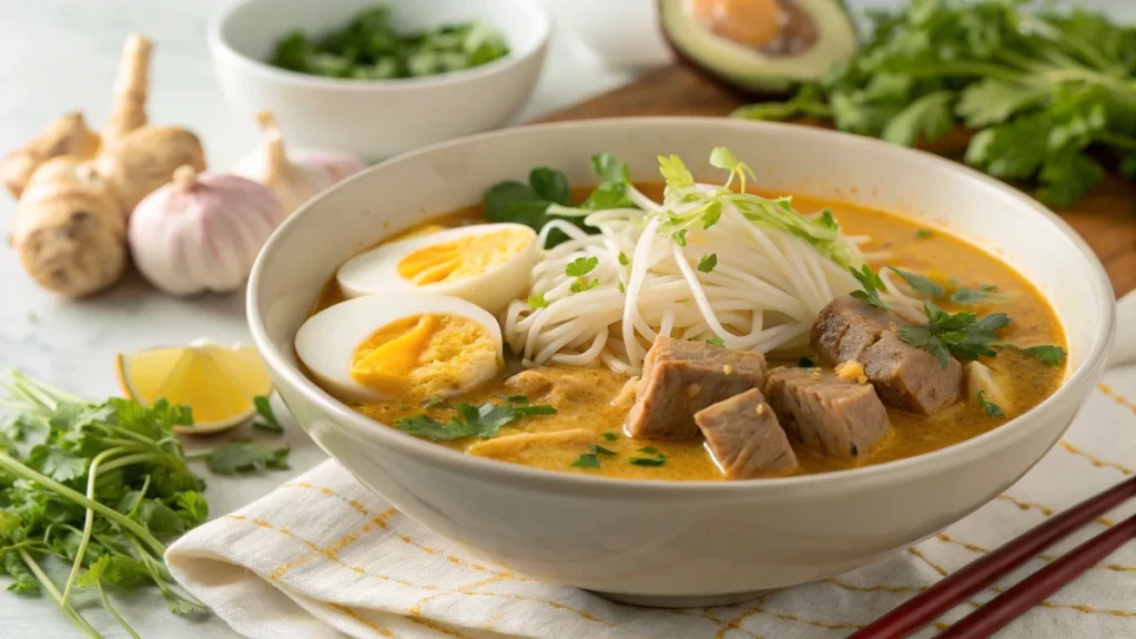 Coconut Curry Soup with Beef Stock, Rice Noodles, Halibut & Microgreens