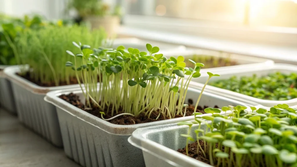 Create a bright, clean, and visually appealing close-up of a variety of microgreens growing in shallow trays. Focus on vibrant green leaves and tiny stems in different stages of growth. The background should be softly blurred to emphasize the microgreens in the foreground. Include a subtle natural light effect coming from the side to highlight texture and freshness. The composition should convey healthy, fresh, and ready-to-harvest microgreens, suitable for a blog about microgreens stages, growth milestones, and storage tips.