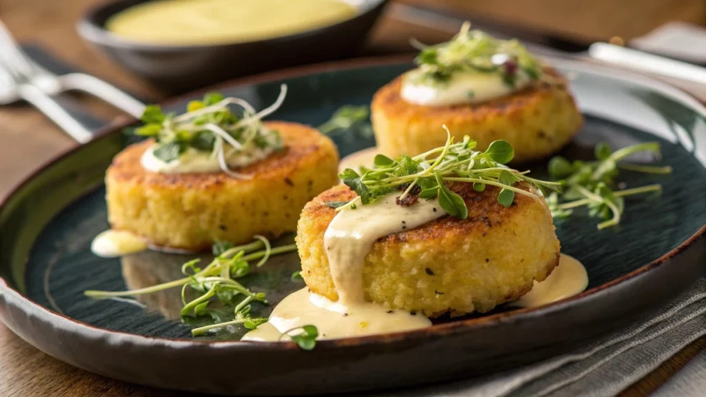 Saffron Risotto Cakes with Lemon Aioli & Microgreens